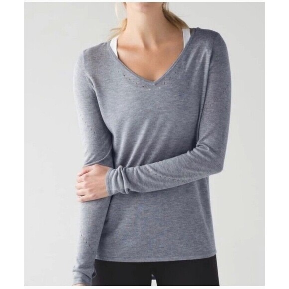 lululemon athletica Tops - Lululemon Yin Time Boolux Sweater 6/8 S Light Gray V-Neck Pointelle Lightweight